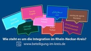 Grafik mit Sprechblasen in verschiedenen Sprachen und dem Text "Wie steht es um die Integration im Rhein-Neckar-Kreis?"