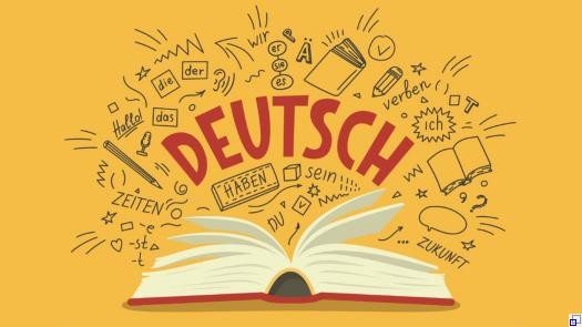 Grafik: Offenes Buch, darüber groß das Wort "Deutsch" und Wörter sowie Zeichnungen im Kritzelstil