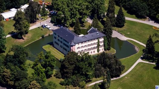 Luftaufnahme von Schloss Eichtersheim mit Park drumherum.