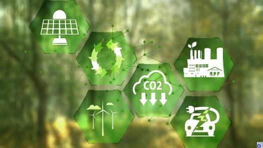 Symbolgrafik Klimaschutz aus mehreren Icons in Grün