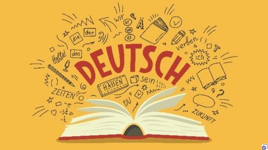 Symbolgrafik mit einem aufgeschlagenen Buch, aus dem das Wort "DEUTSCH" zusammen mit einigen grammatischen  Begriffen hervorspringt.