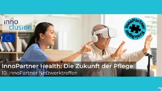 Werbebanner mit Titel und Daten der Veranstaltung. Auf dem Bild ist eine Pflegekraft gemeinsam mit einem alten Mann zu sehen, der eine VR-Brille trägt und lächelt.
