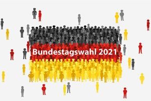 Aus Strichfiguren gebildete Deutschlandflagge mit der Aufschrift Bundestagswahl 2021