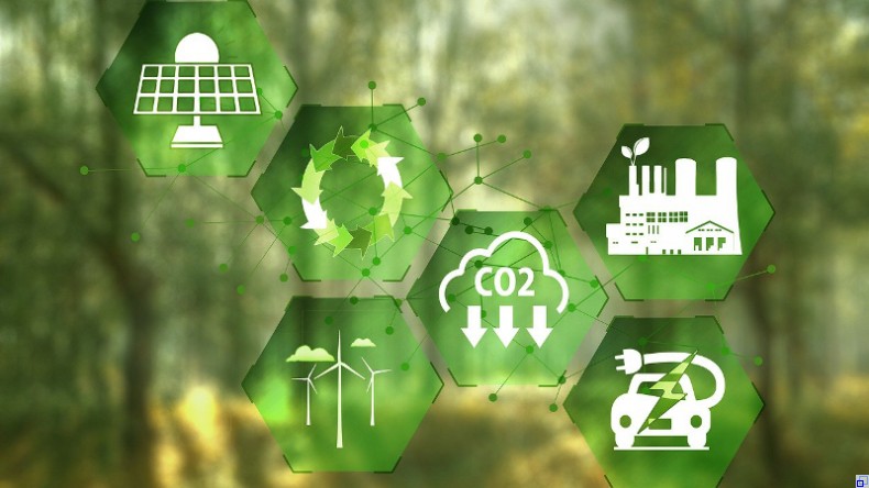 Symbolgrafik Klimaschutz aus mehreren Icons in Grün
