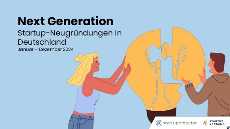 Bild: Startup-Verband Grafik: Eine Frau und ein Mann puzzeln gemeinsam eine überdimensionale Glühbirne zusammen.