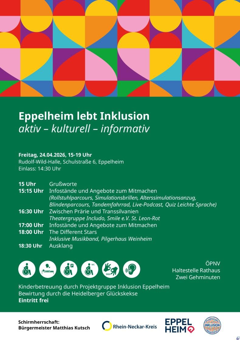 Veranstaltungsplakat 24.04.26 Im oberen Drittel des Plakats finden sich bunte Herzen.im unteren Bereich stehen auf grünem Hintergrund die Veranstaltungsinformationen, die alle im Text enthalten sind