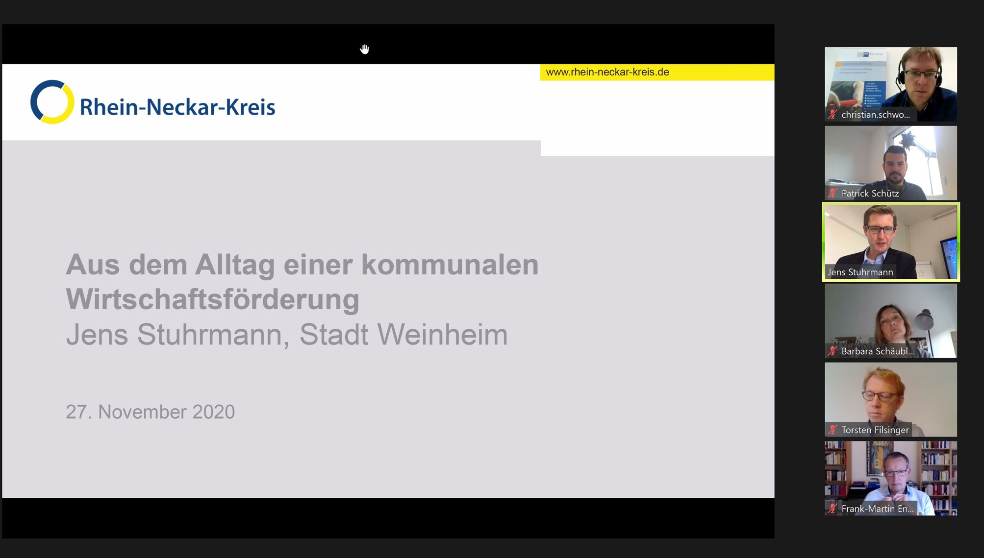 Jens Stuhrmann von der Stadt Weinheim berichtete in der digitalen Sitzung der Kompetenzgruppe über den Alltag einer kommunalen Wirtschaftsförderung.