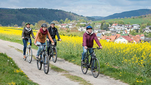 Radlergruppe auf einem Feldweg