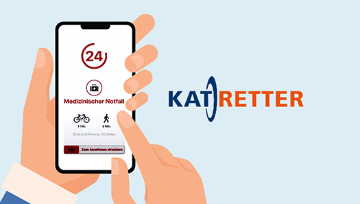 Smartphone mit der Katretter-App auf dem Bildschirn, daneben das Logo