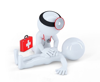 Eine Figur hilft mit Reanimationsmaßnahmen einer anderen Figur, die auf dem Boden liegt.