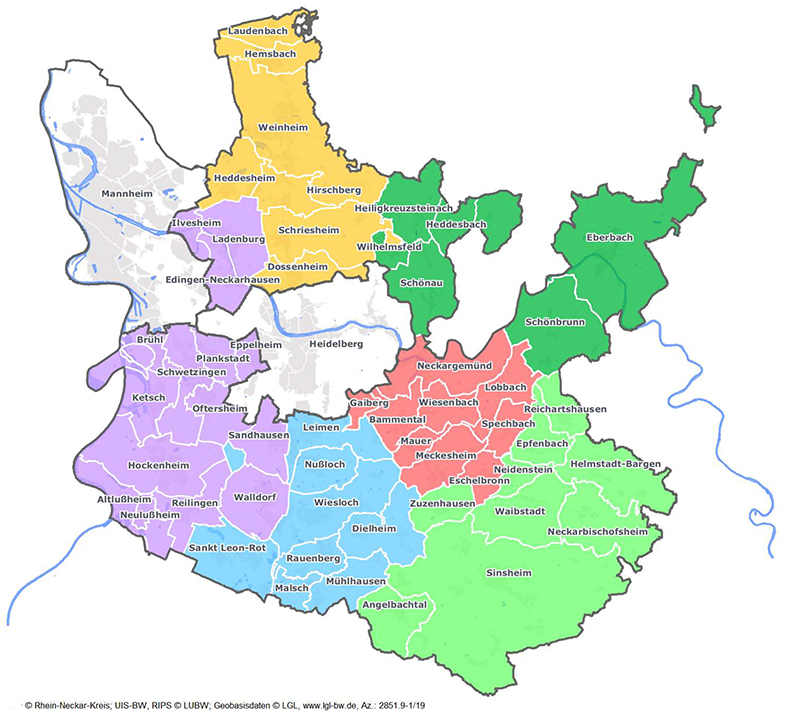 Landkreiskarte, in denen die Bezirke der Naturschutzbeauftragten eingetragen sind