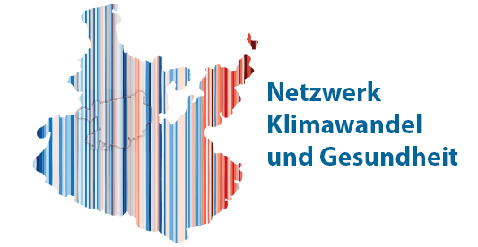 Logo des Netzwerks Klimawandel und Gesundheit: Kreiskarte mit Warming-Strpies
