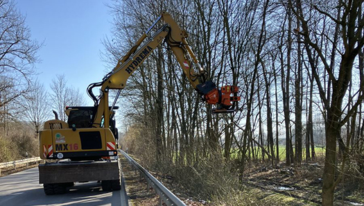 Gehölzbagger im Einsatz entlang einer Kreisstraße