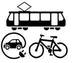 Icon mit Straßenbahn, Fahrrad und Elektroauto