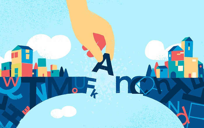 Eine Hand hat den Buchstaben A und setzt diesen in eine Brücke. Rechts und links sind verschiedene Buchstaben zu sehen.