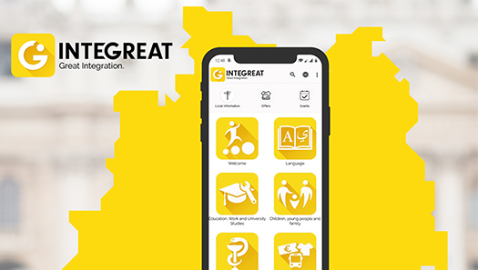 Smartphone mit der Startseite der App und verschiedenen Icons