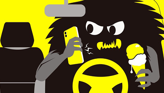 Kampagnenmotiv: Cartoon mit dem "Ablenkungsmonster" hinterm Steuer