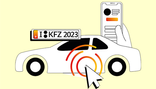 Strichgrafik: Collage aus Auto, Nummerschild und Smartphone