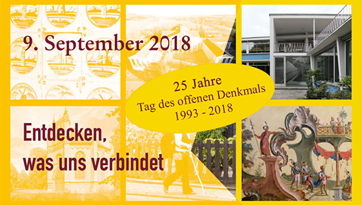 Plakat der Deutschen Stiftung Denkmalschutz, auf dem das Datum "09.09.2018" und der Spruch "Entdecken, was uns verbindet" steht. Im Hintergrund sind verschiedene Denkmalgeschützten Dinge zu sehen.