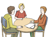 Symbolbild einer Besprechung. Drei Personen an einem runden Tisch