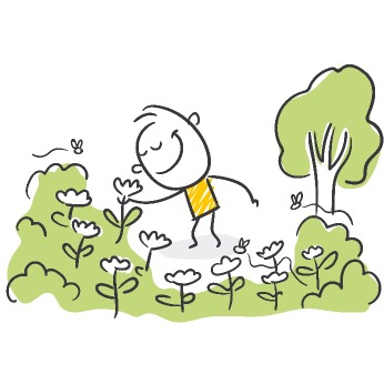 Figur kümmert sich um Blumenwiese