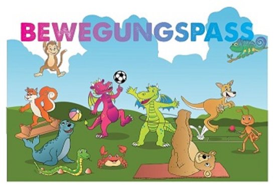 Bild des Bewegungspasses. Fröhliche Drachen und andere Tiere absolvieren sportliche Herausforderungen.