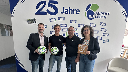 Gruppenbild der Projektpartner mit den Fußbällen