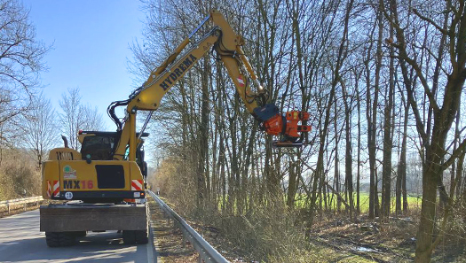 Gehölzbagger im Einsatz an einer Kreisstraße