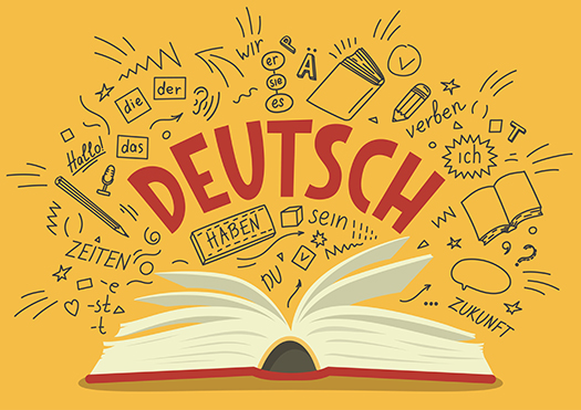 Zeichnung eines aufgeschlagenen Buches, darüber das Wort Deutsch und viele Verben