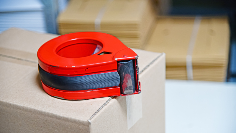 Nahaufnahme einer Rolle Klebeband auf einem Paket; im Hintergrund sind mehrere Stapel von Papp-Umschlägen zu sehen.